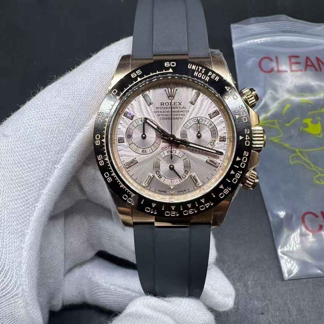 Rolex Daytona 116515LN Clean factory 4130 rose gold case 38.5mm Baguette dial Ceramic black bezel Black oysterflex strap. 938$