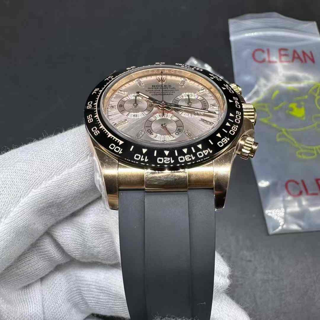 Rolex Daytona 116515LN Clean factory 4130 rose gold case 38.5mm Baguette dial Ceramic black bezel Black oysterflex strap. 938$
