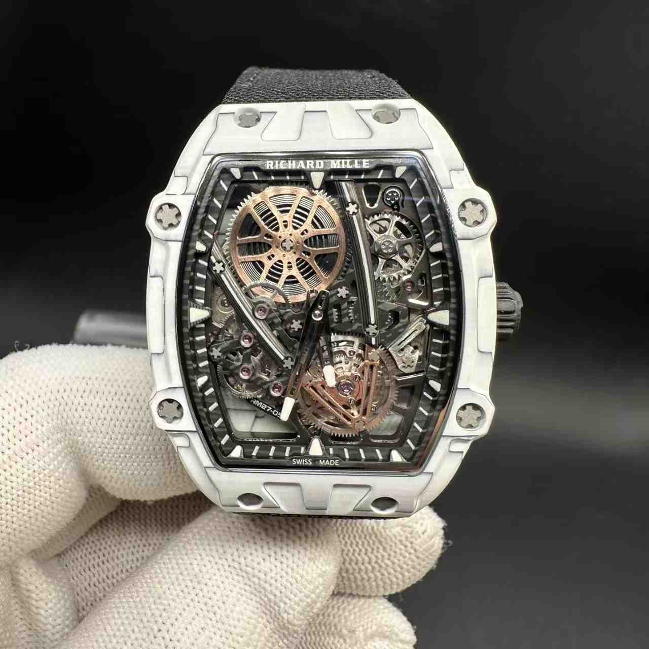 RM27-05 Limited Edition Rafael Nadal white Carbon thin case 38g weight skeleton dial Black nylon strap. 400$
