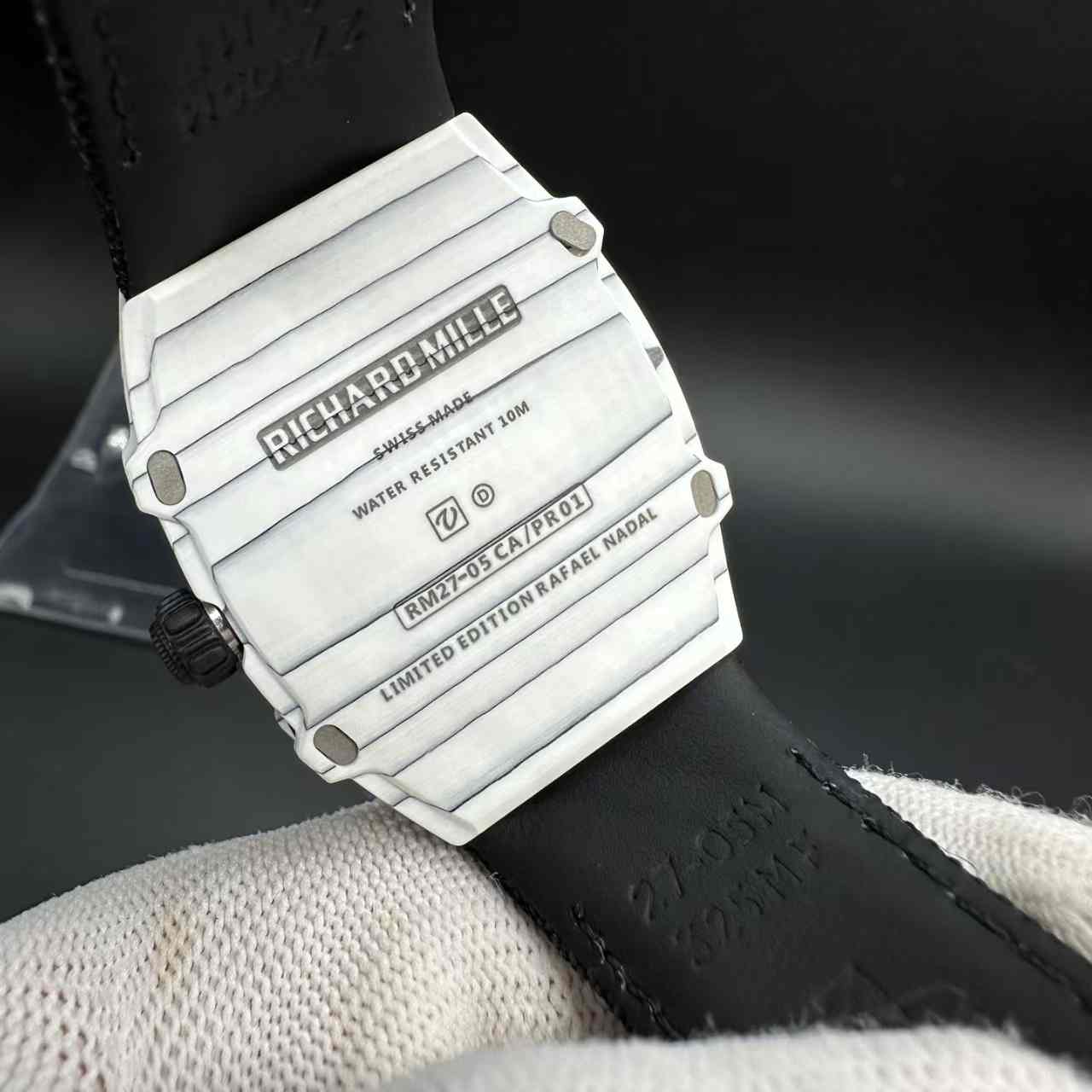 RM27-05 Limited Edition Rafael Nadal white Carbon thin case 38g weight skeleton dial Black nylon strap. 400$