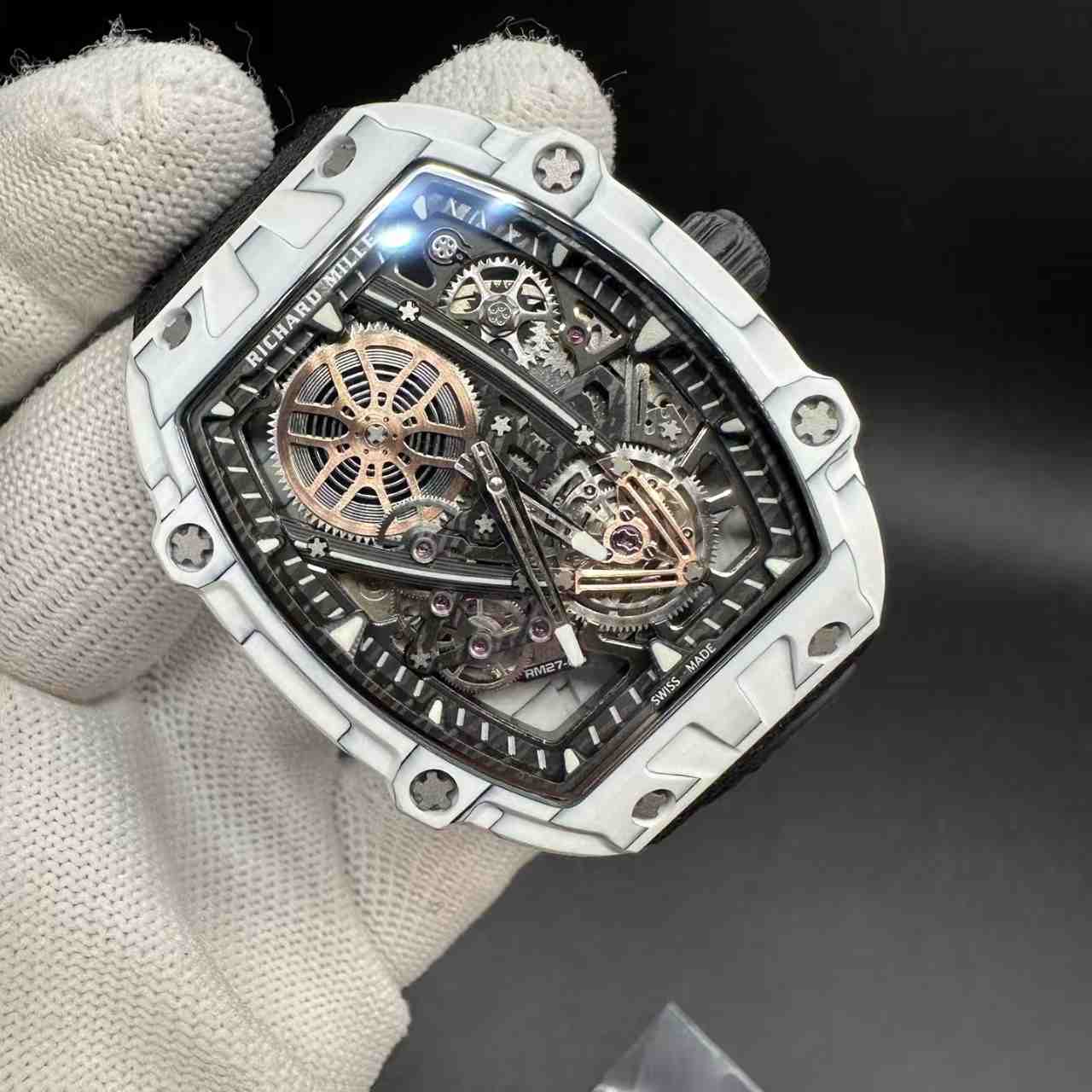 RM27-05 Limited Edition Rafael Nadal white Carbon thin case 38g weight skeleton dial Black nylon strap. 400$