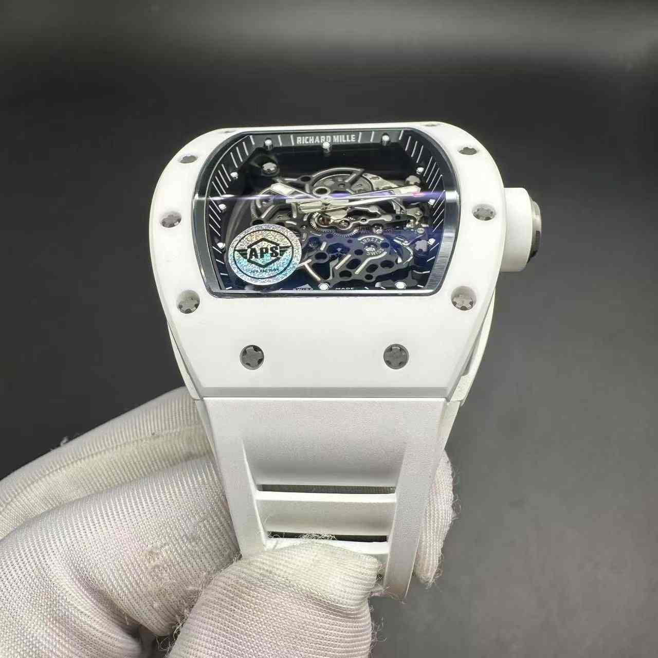 Richard Mille RM055 APS Manual Tourbillon movement White ceramic case Skeleton dial White rubber.  650$