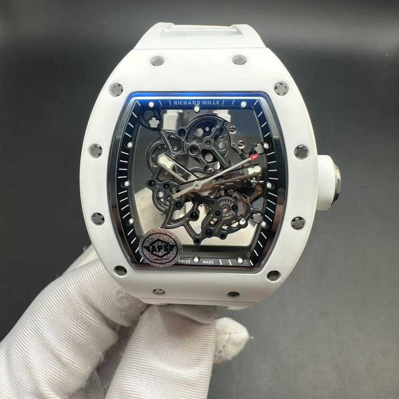 Richard Mille RM055 APS Manual Tourbillon movement White ceramic case Skeleton dial White rubber.  650$