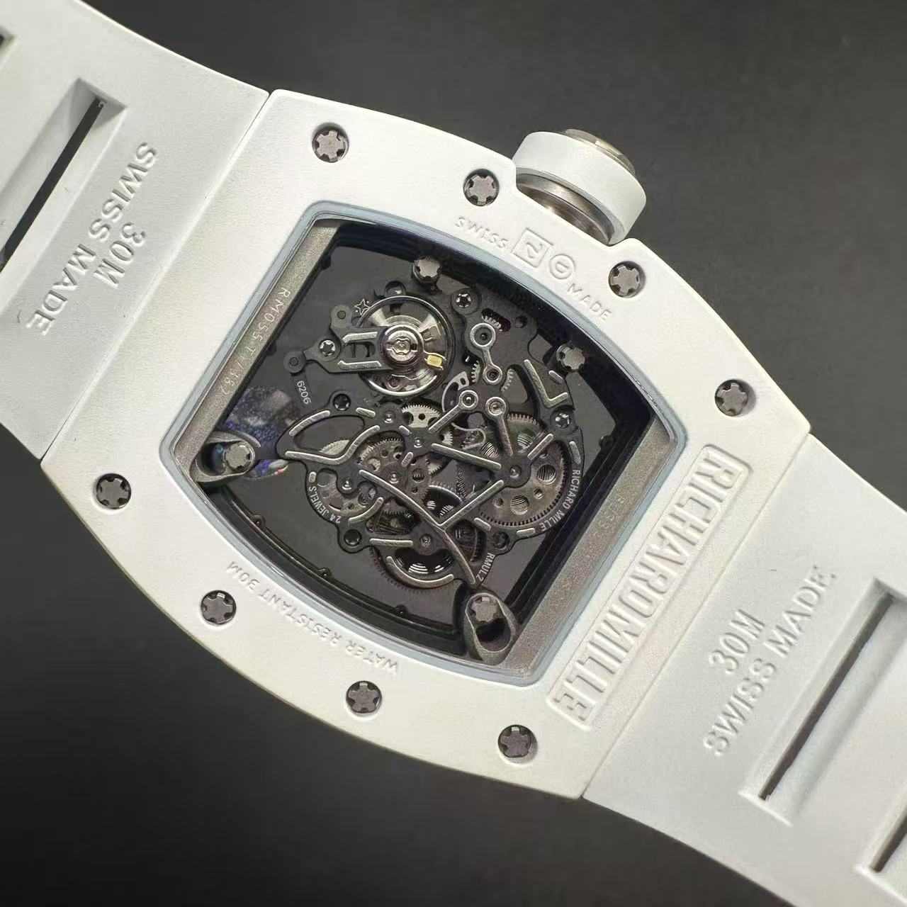 Richard Mille RM055 APS Manual Tourbillon movement White ceramic case Skeleton dial White rubber.  650$