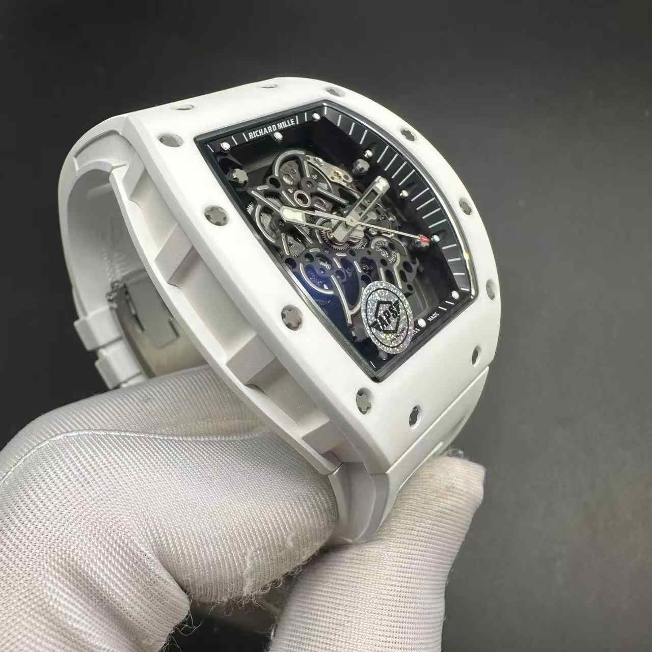 Richard Mille RM055 APS Manual Tourbillon movement White ceramic case Skeleton dial White rubber.  650$