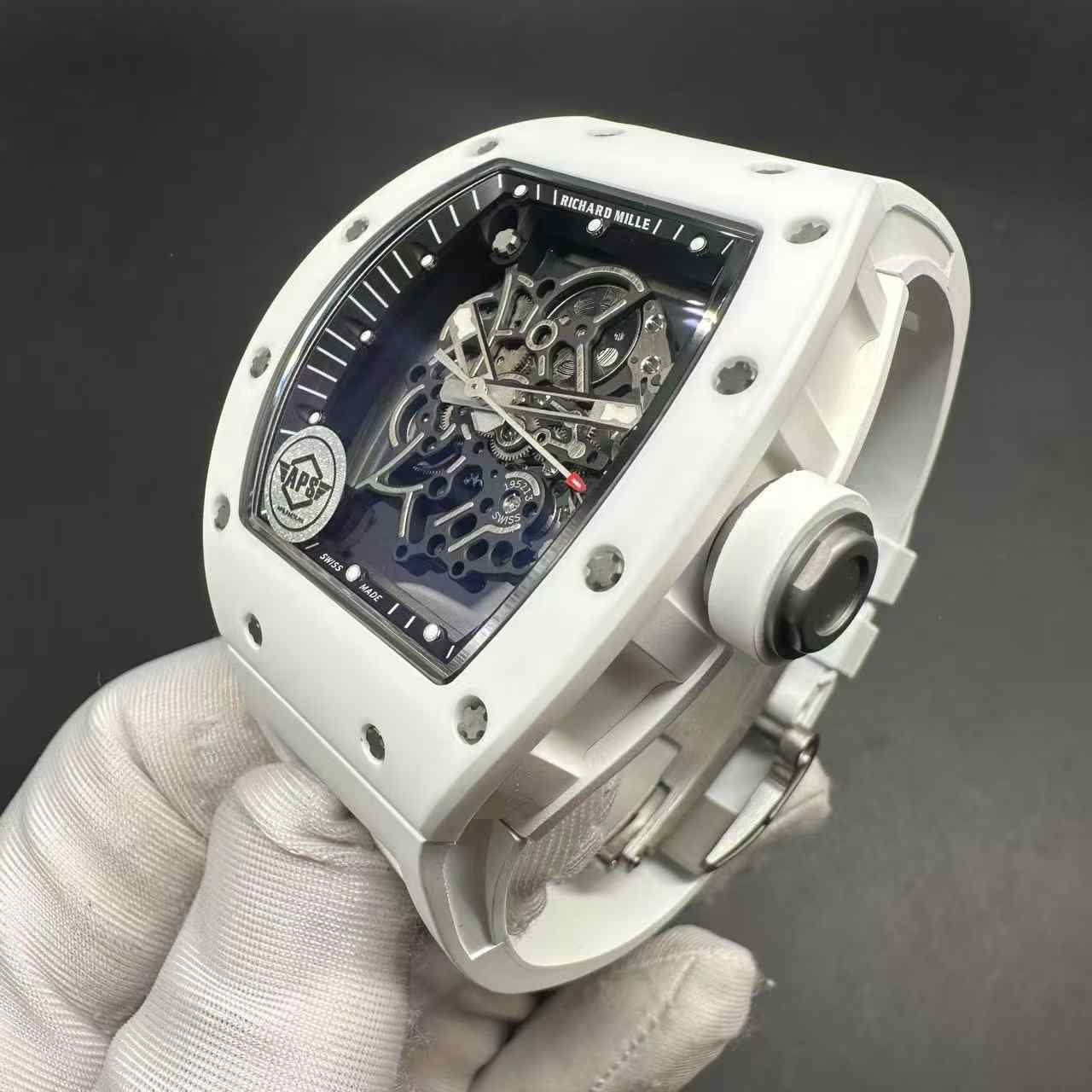 Richard Mille RM055 APS Manual Tourbillon movement White ceramic case Skeleton dial White rubber.  650$