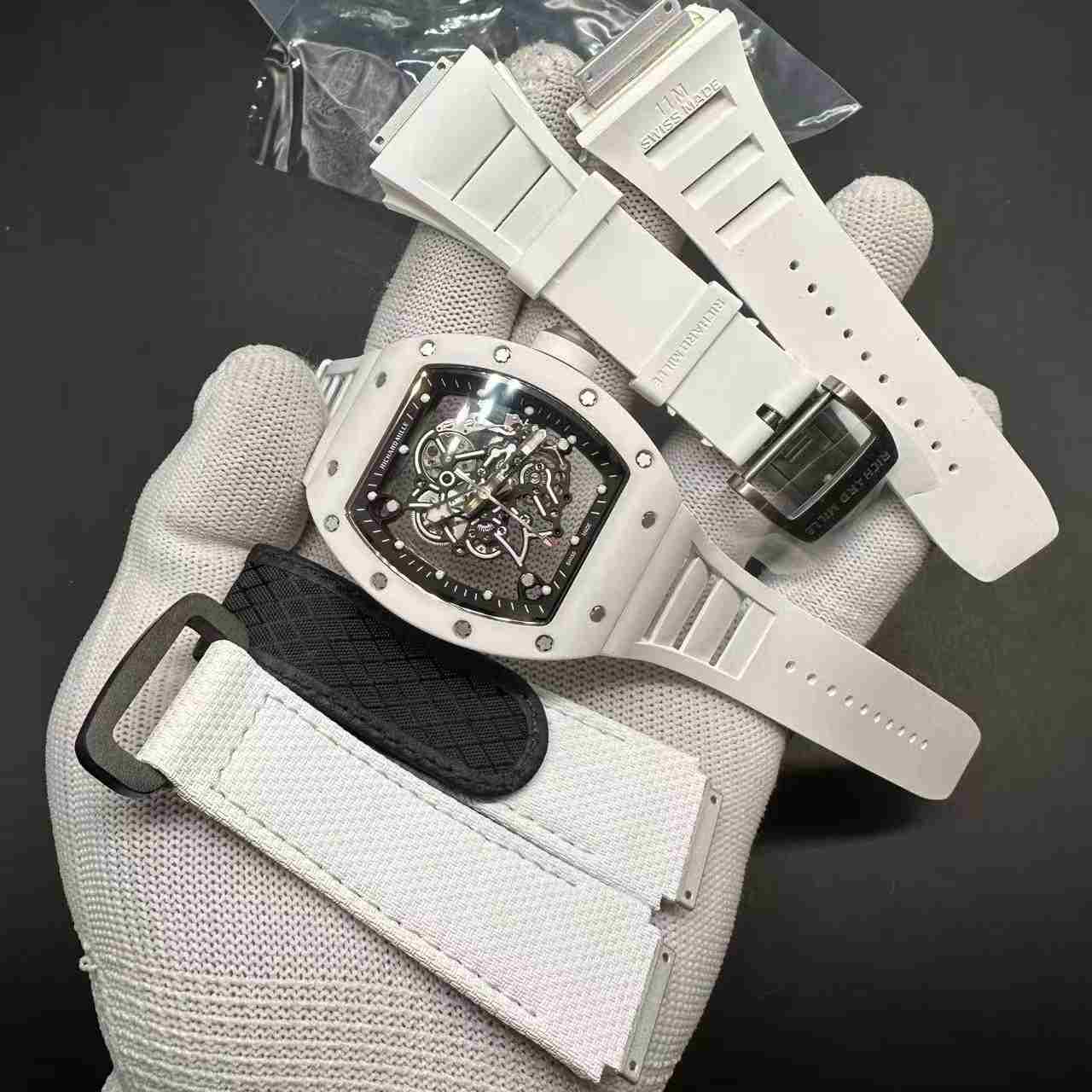 RM055 white ceramic BBR super clone skeleton dial white rubber strap 680$
