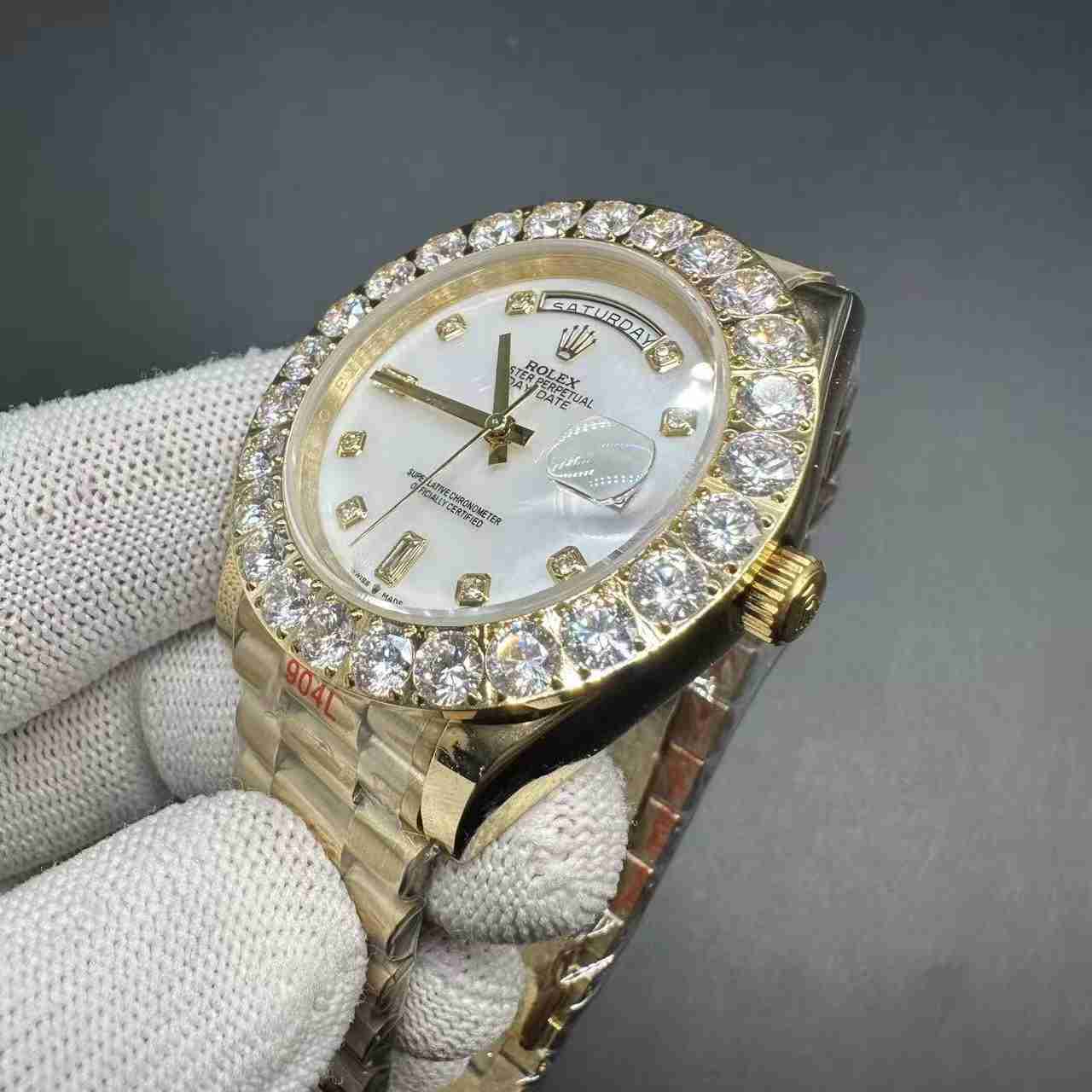 Daydate AAA automatic gold case 42mm big CZ prongset diamonds bezel white pearl dial. 115$