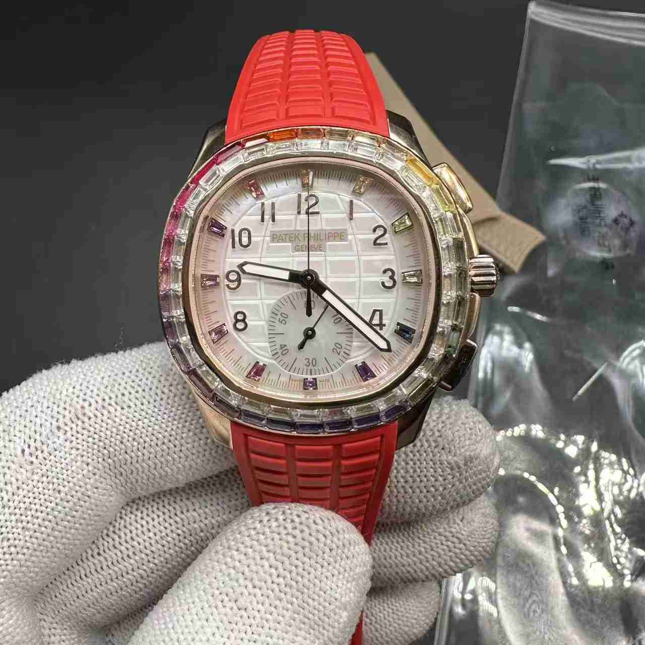 Patek Philippe Aquanaut 7968 CH 28-520 automatic rose gold case 40mm rainbow bezel baguette white dial red rubber strap 610$