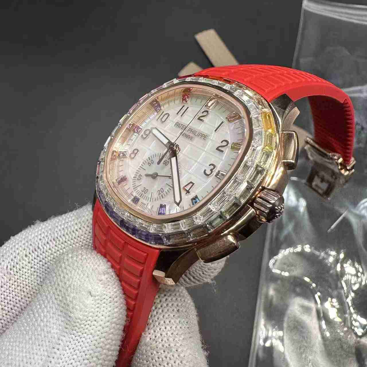 Patek Philippe Aquanaut 7968 CH 28-520 automatic rose gold case 40mm rainbow bezel baguette white dial red rubber strap 610$
