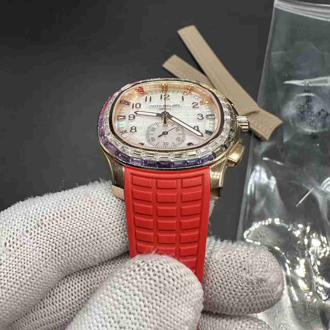 Patek Philippe Aquanaut 7968 CH 28-520 automatic rose gold case 40mm rainbow bezel baguette white dial red rubber strap 610$