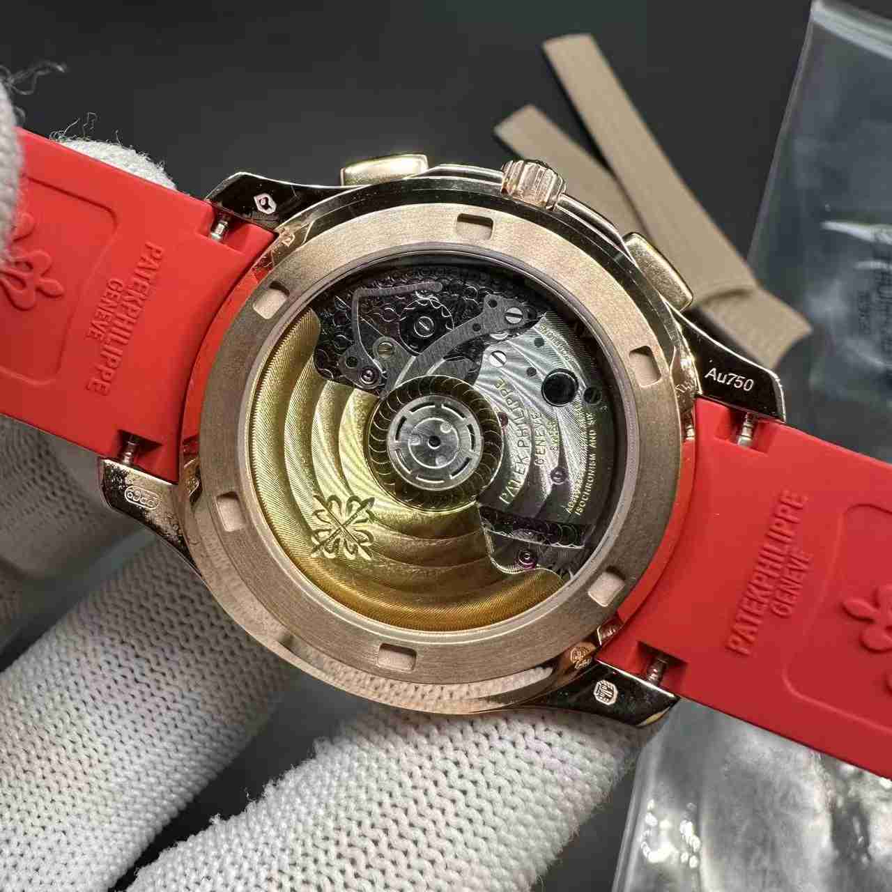 Patek Philippe Aquanaut 7968 CH 28-520 automatic rose gold case 40mm rainbow bezel baguette white dial red rubber strap 610$