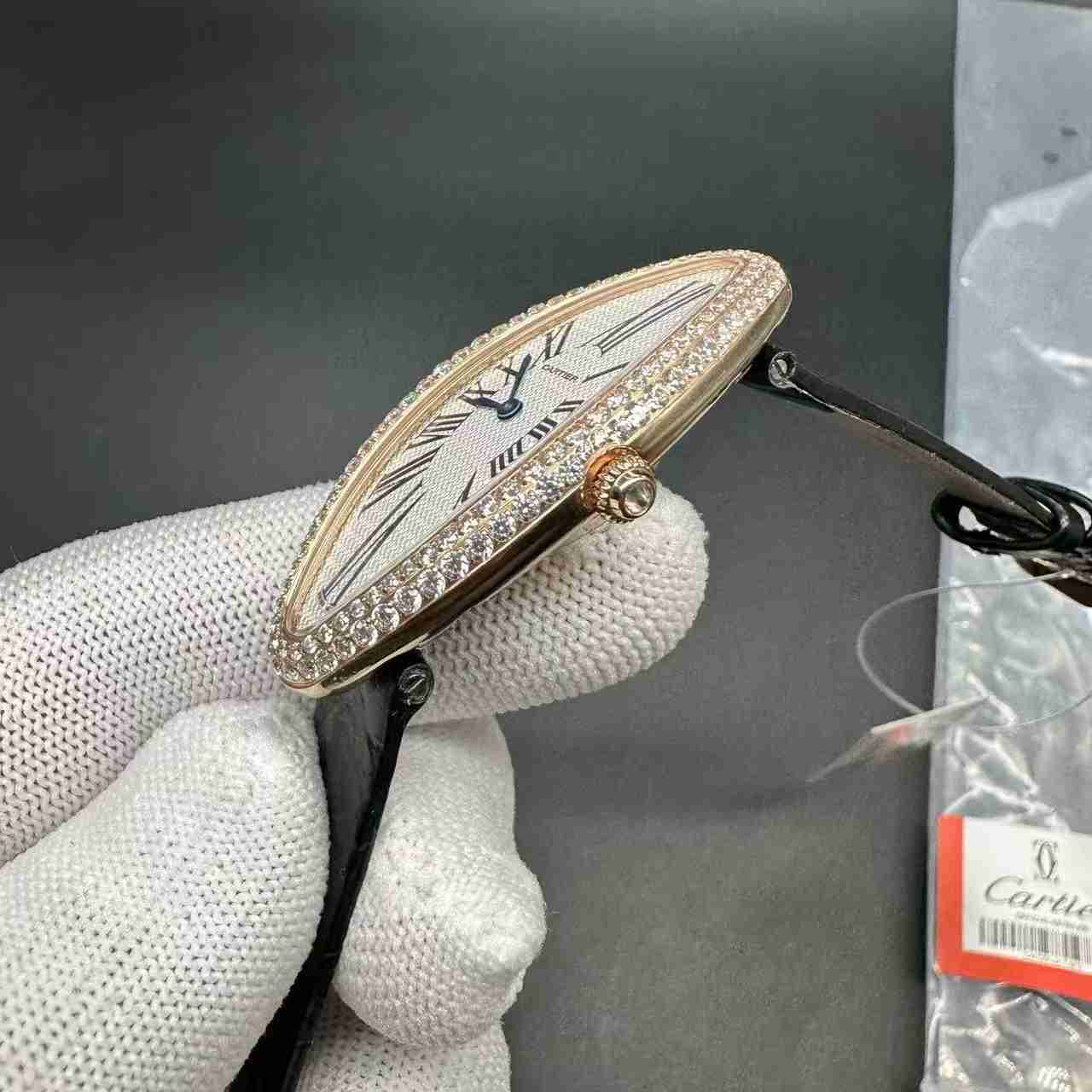 Cartier Baignoire Allongee Medium Size：47x21mm Swiss quartz rose gold diamonds case black leather strap women watch. 240$