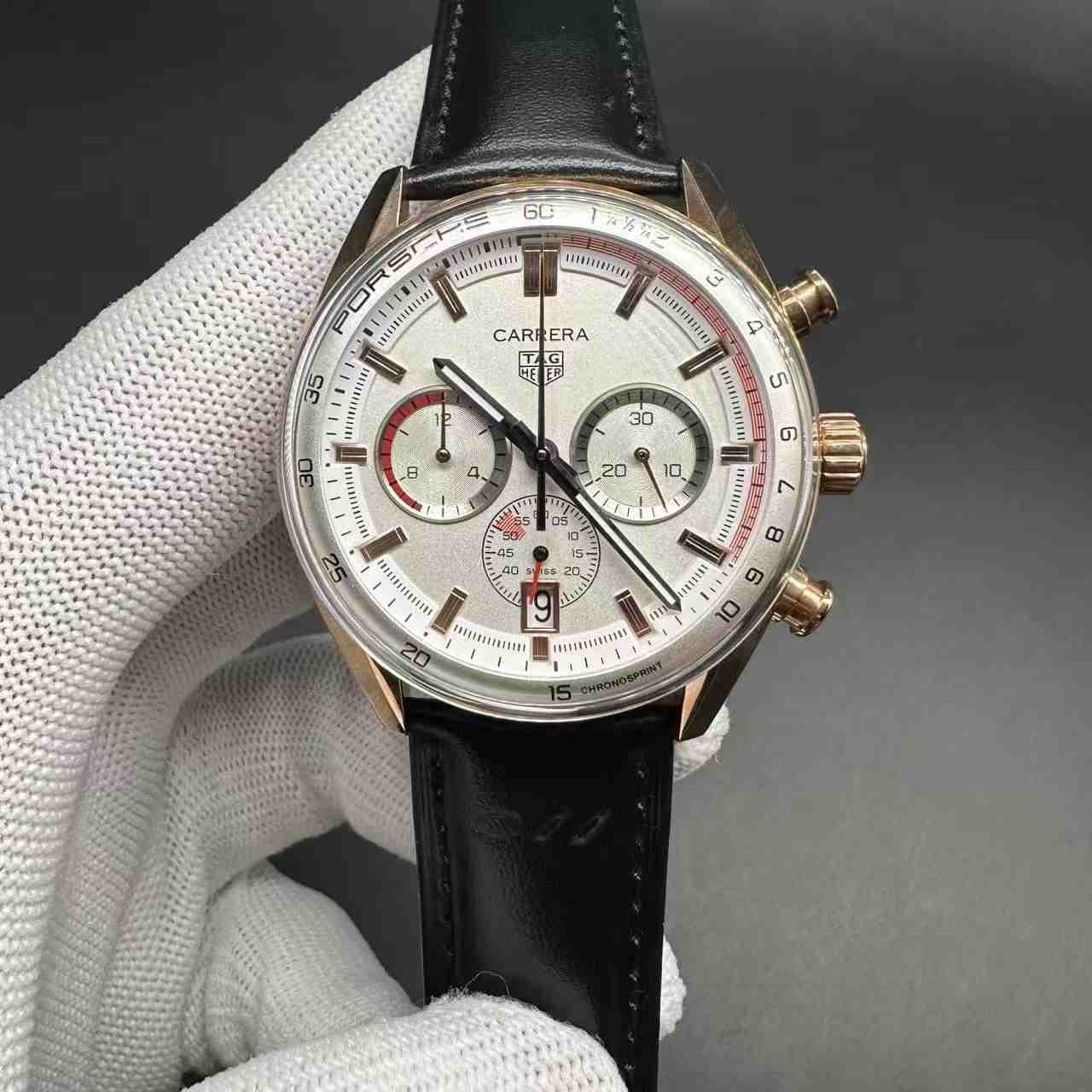 TAG Carrera AAA Quartz rose gold case white dial black leather stopwatch 115$