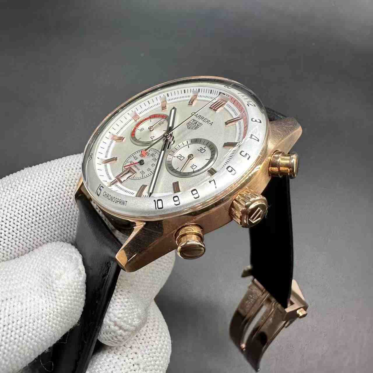 TAG Carrera AAA Quartz rose gold case white dial black leather stopwatch 115$