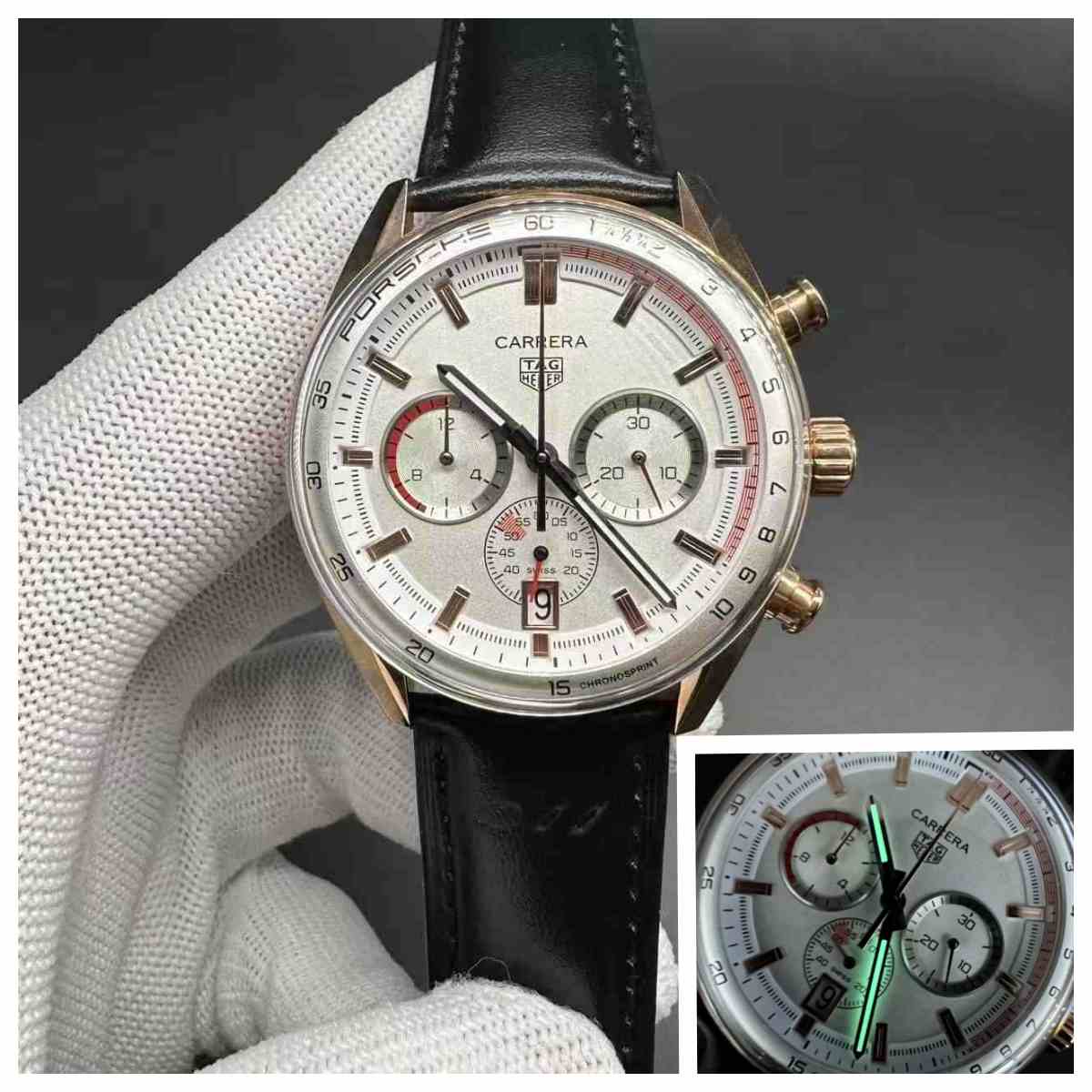 TAG Carrera AAA Quartz rose gold case white dial black leather stopwatch 115$