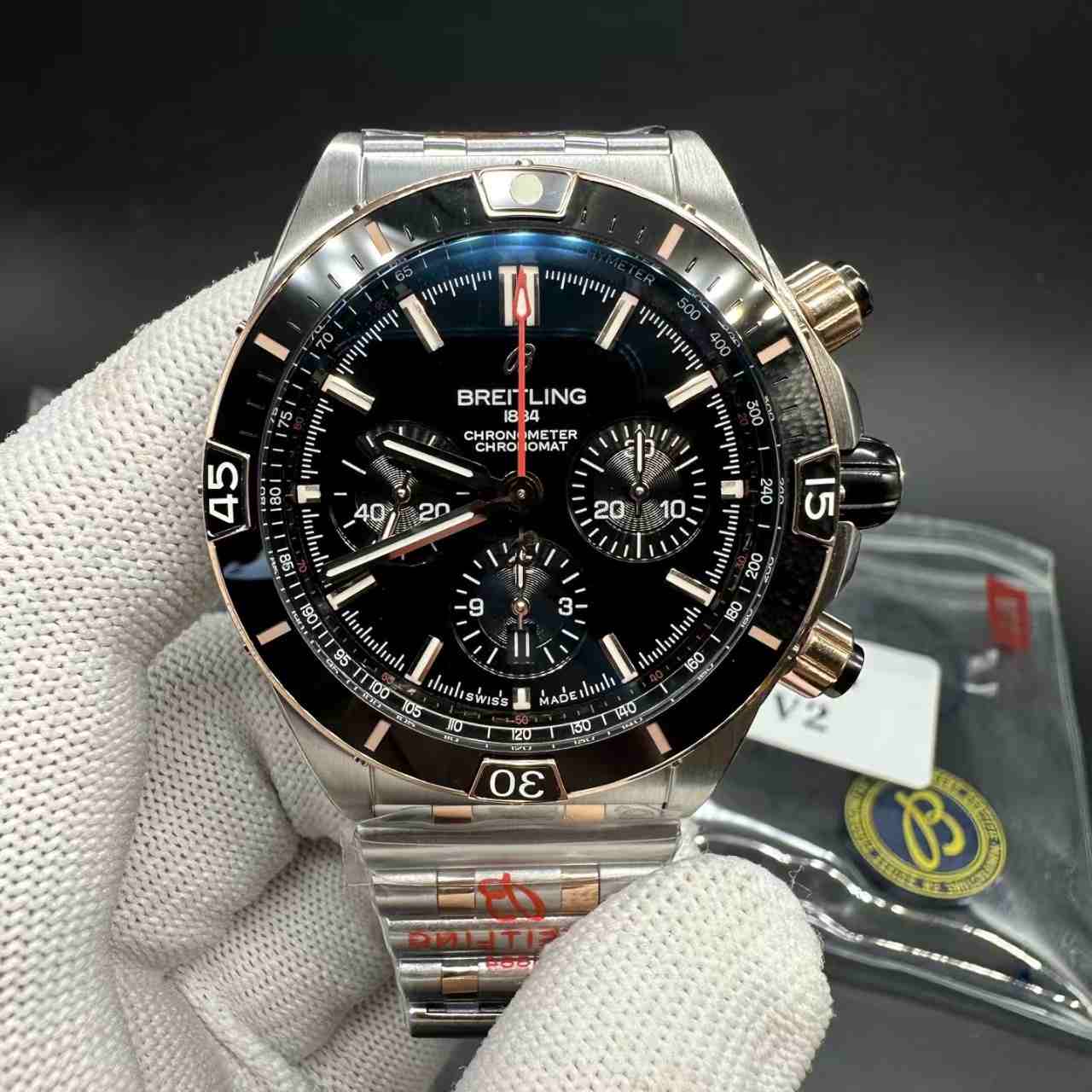 Breitling BLS V2 chronograph full works 2tone rose gold black dial  500$