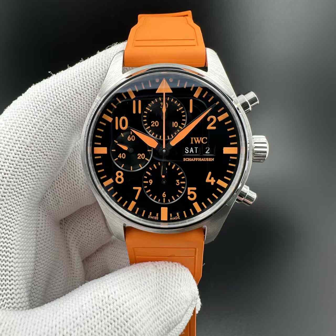 IWC super clone Steel case 43mm black dial orange rubber strap 420$