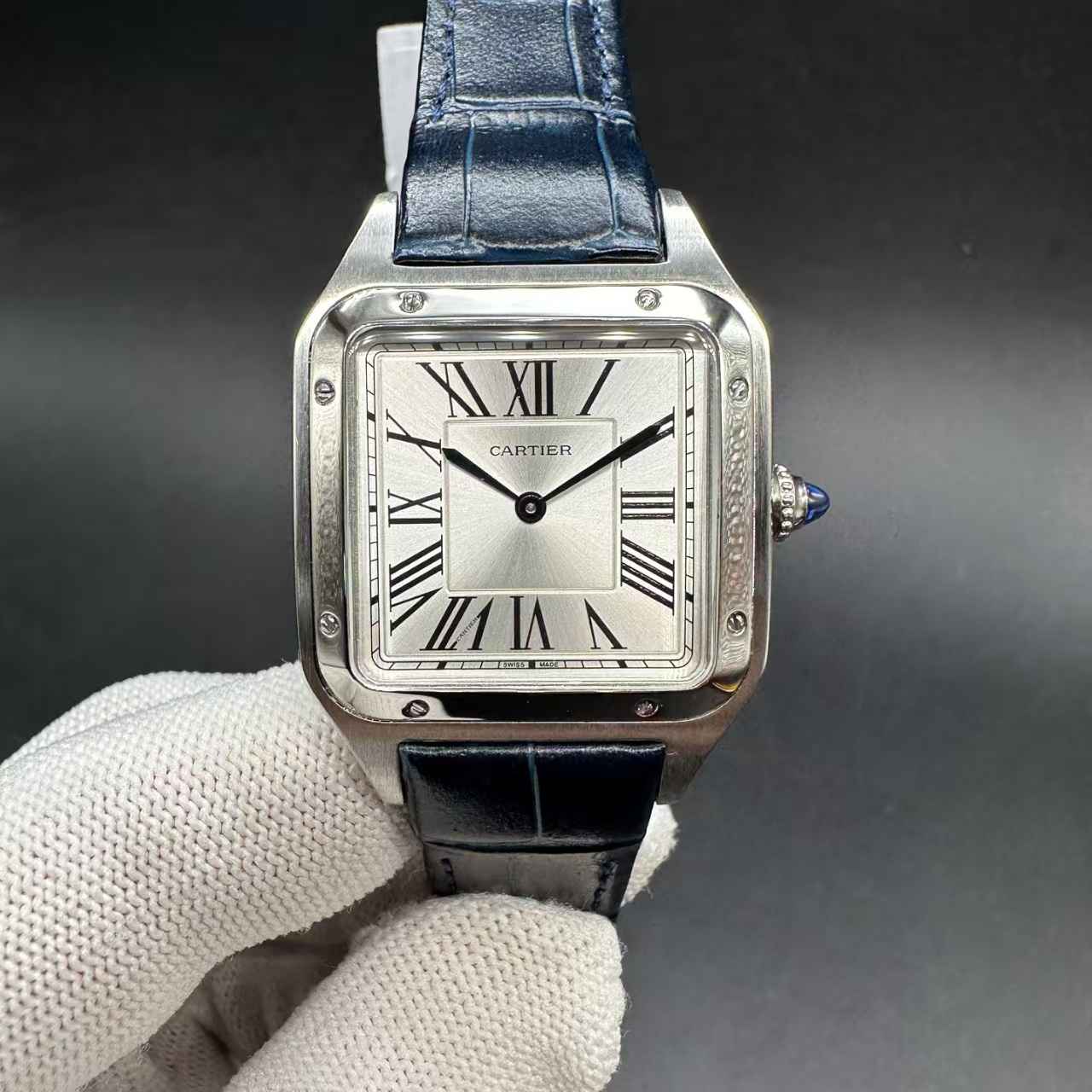 Cartier Dumont Swiss Quartz super clone white dial blue leather strap. Three sizes: L 38x46.6mm, M 34x43.5mm, S 27x31.4mm. 180$