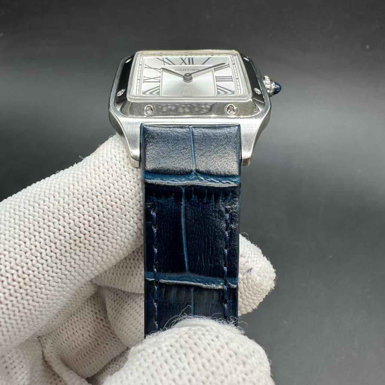 Cartier Dumont Swiss Quartz super clone white dial blue leather strap. Three sizes: L 38x46.6mm, M 34x43.5mm, S 27x31.4mm. 180$