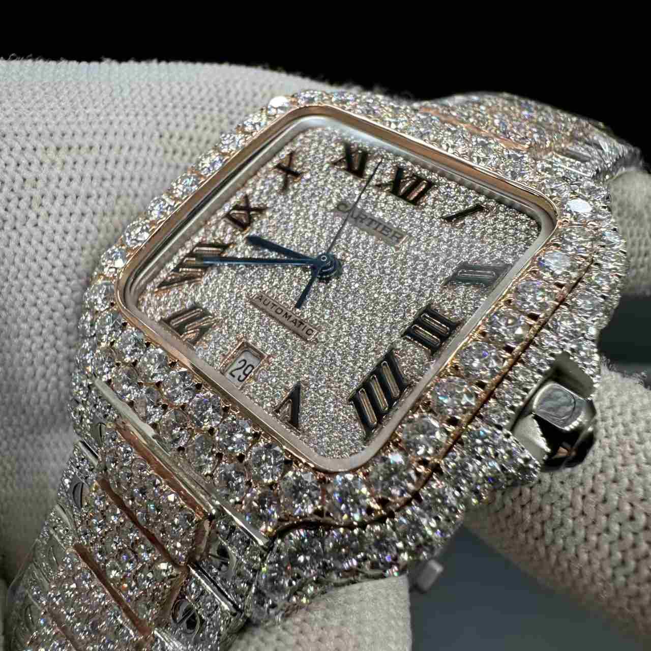 Santos Moissanite diamonds rose gold 2tone case bustdown stones  2000$