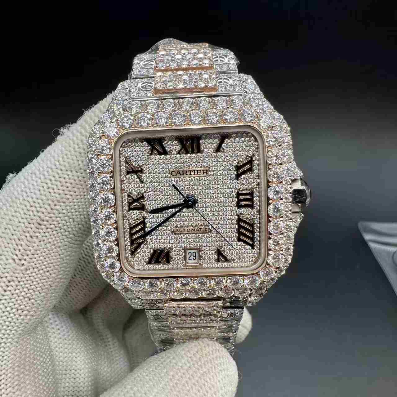 Santos Moissanite diamonds rose gold 2tone case bustdown stones  2000$