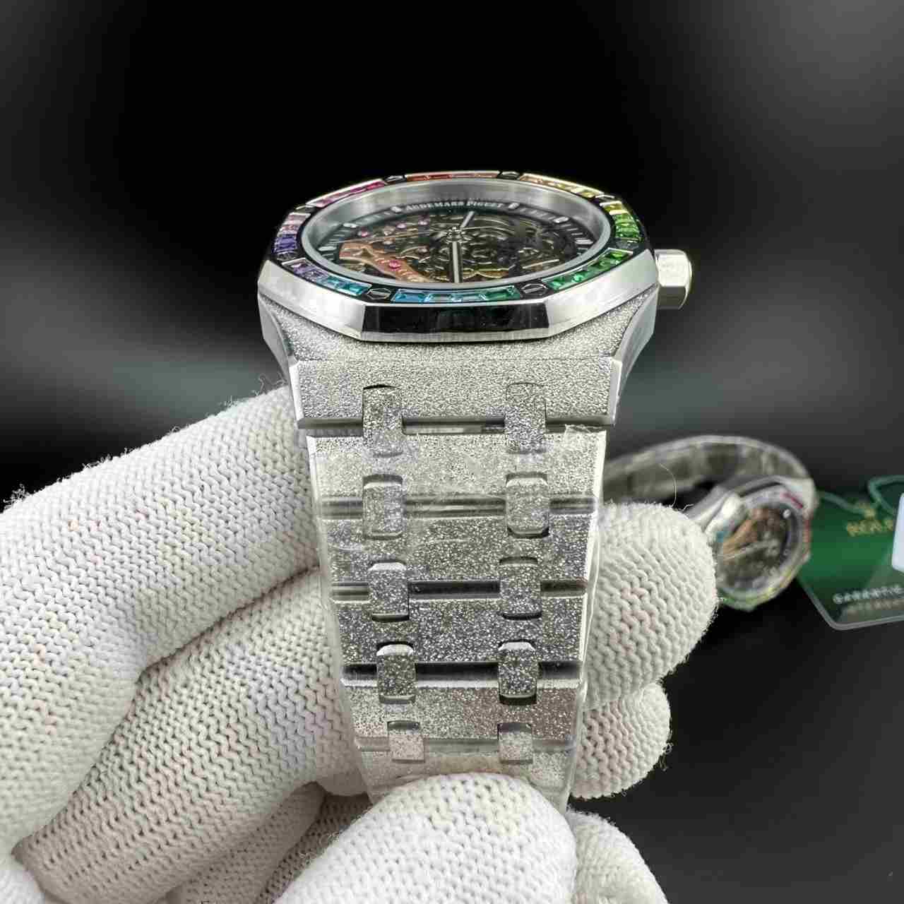 AP frosted silver case 42mm rainbow bezel skeleton black dial AAA 125$