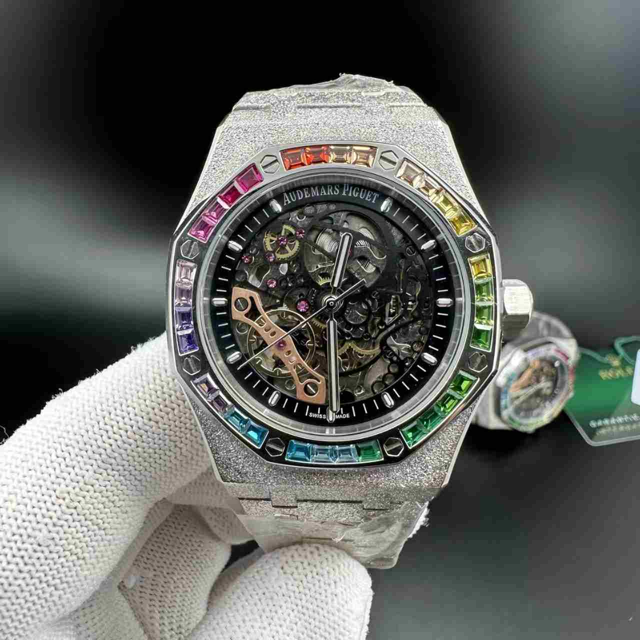 AP frosted silver case 42mm rainbow bezel skeleton black dial AAA 125$