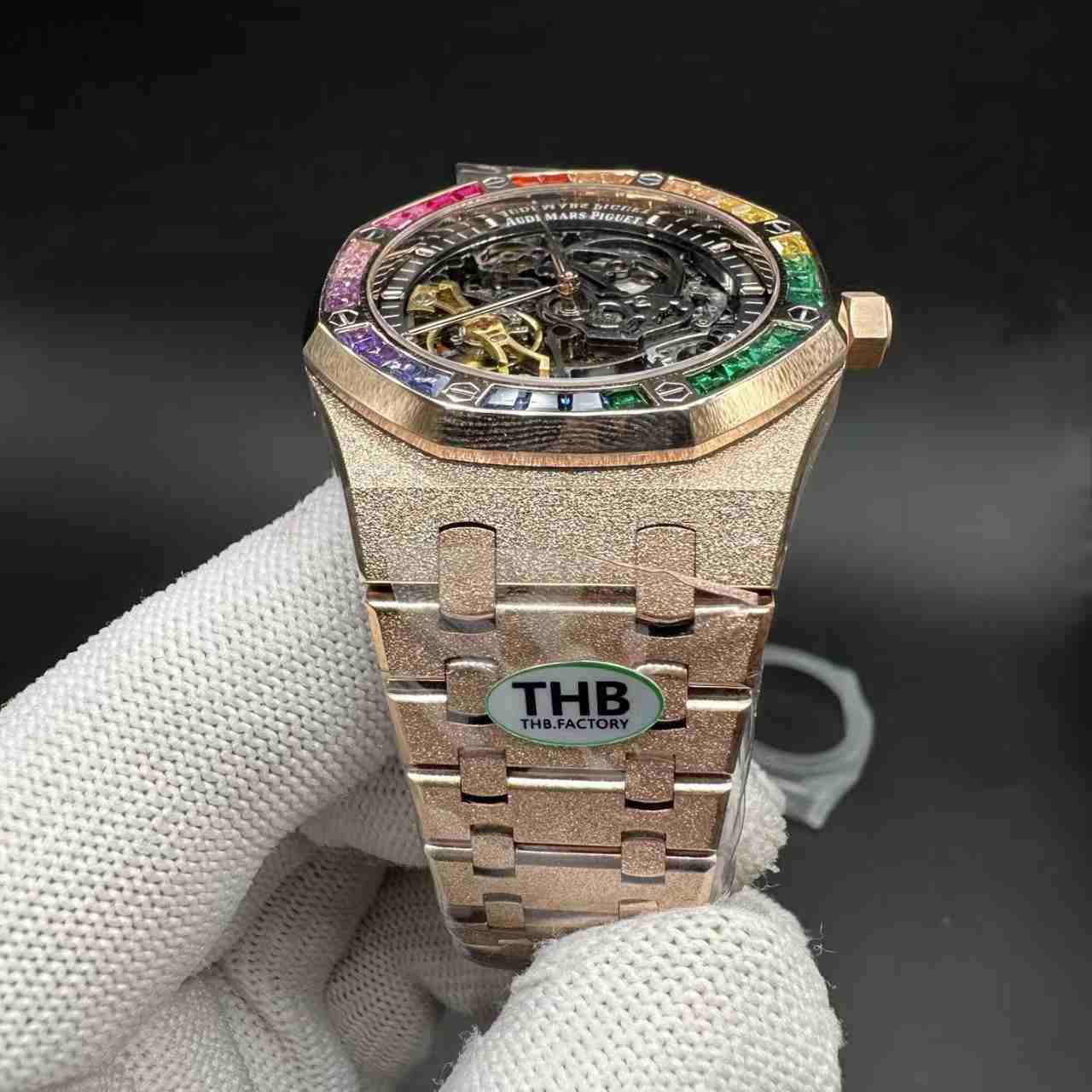 AP skeleton THB automatic super clone frosted rose gold case rainbow baguette diamonds bezel. 660$