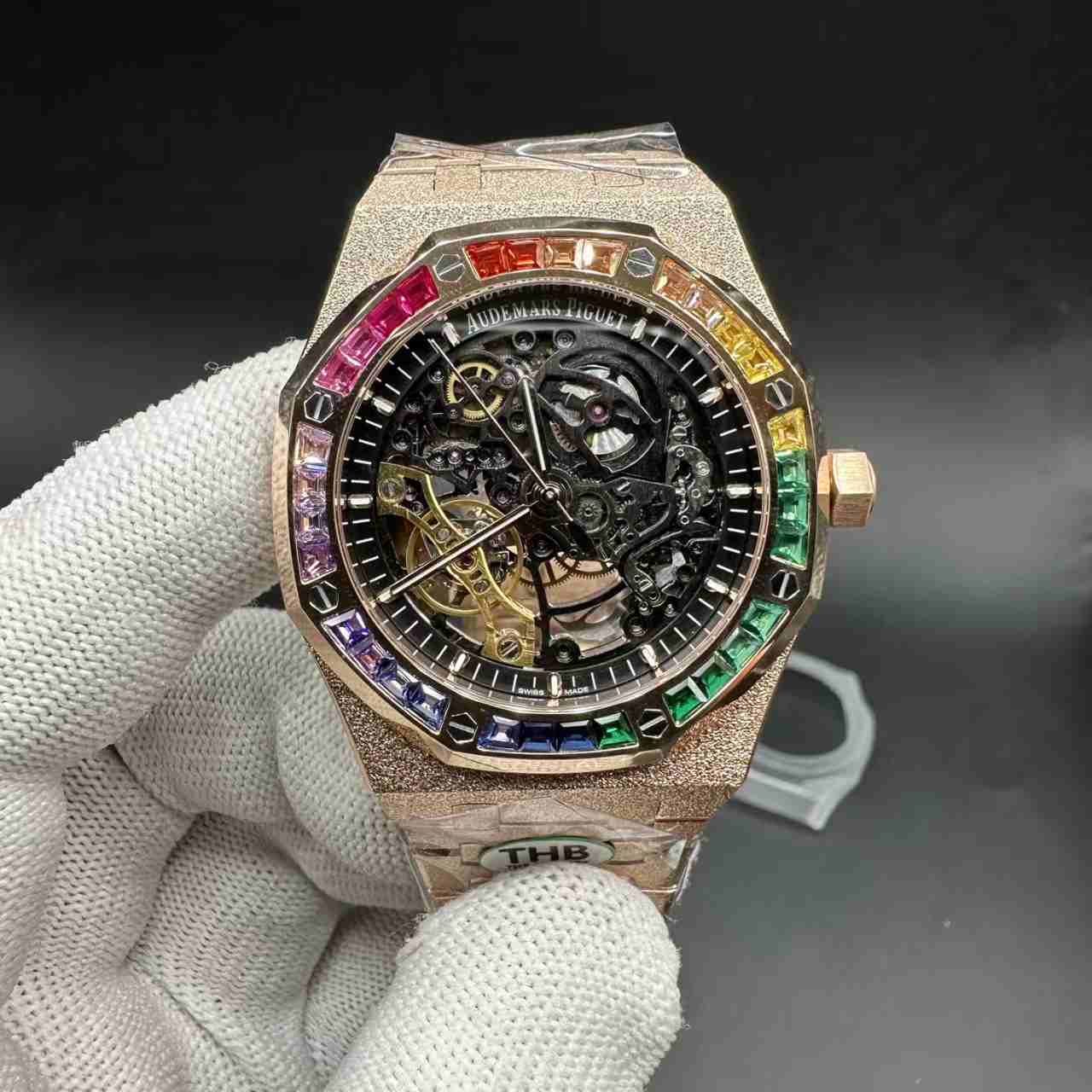 AP skeleton THB automatic super clone frosted rose gold case rainbow baguette diamonds bezel. 660$
