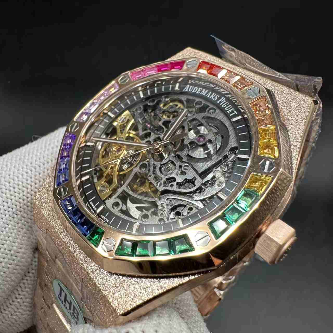AP skeleton THB automatic super clone frosted rose gold case rainbow baguette diamonds bezel. 660$
