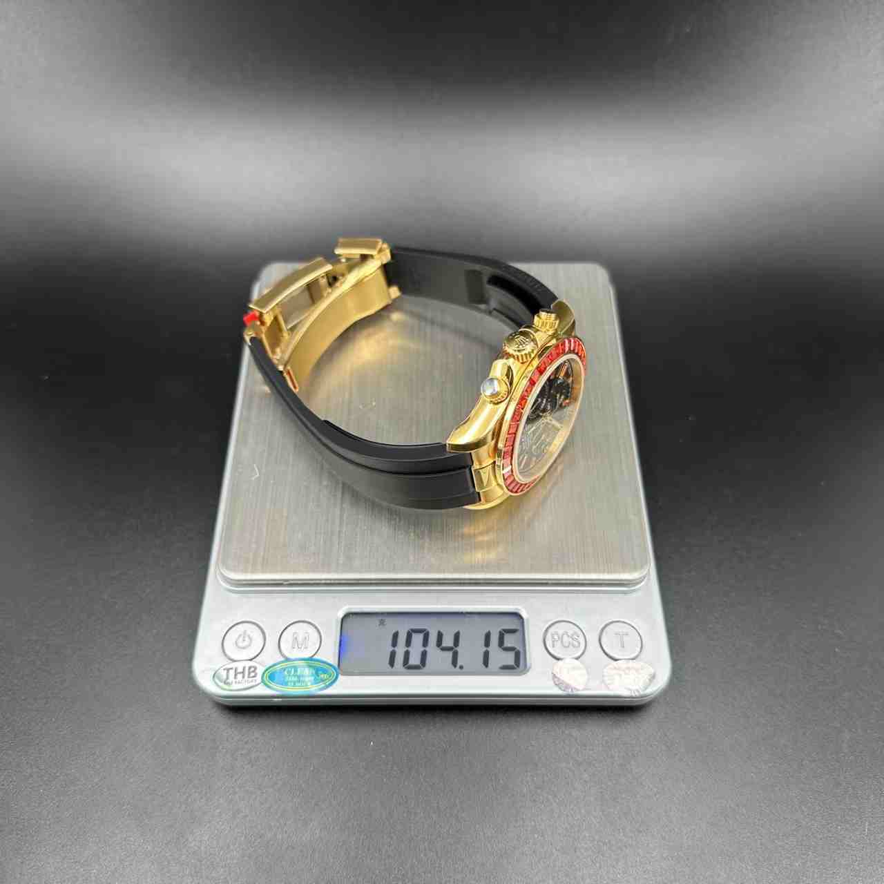 Daytona Super clone 4130 Gold case 40mm Red baguette diamonds bezel black dial black rubber strap  580$