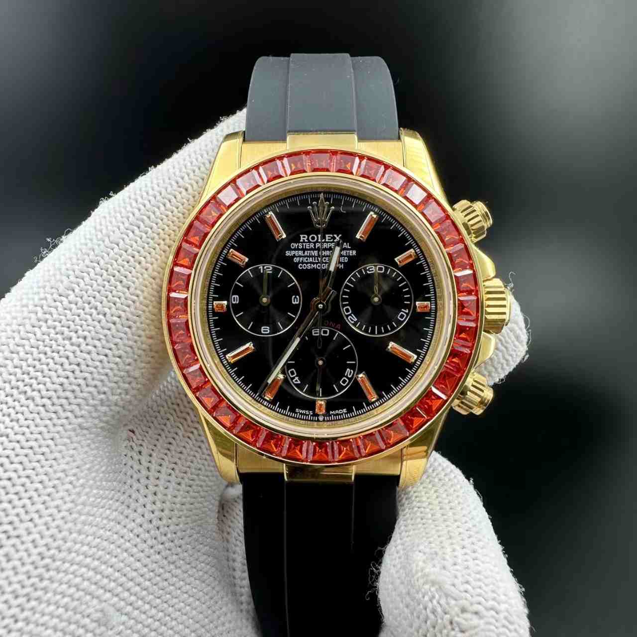 Daytona Super clone 4130 Gold case 40mm Red baguette diamonds bezel black dial black rubber strap  580$