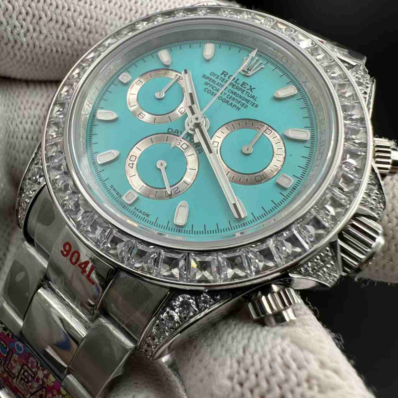 Daytona KS 7750 Tiffany blue dial baguette diamonds bezel oyster band 350$