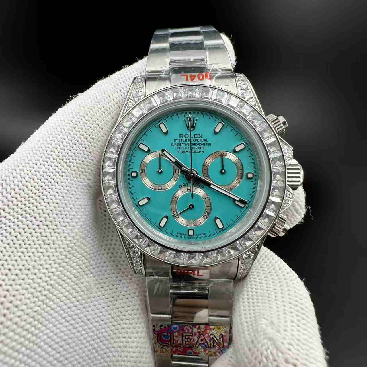Daytona KS 7750 Tiffany blue dial baguette diamonds bezel oyster band 350$