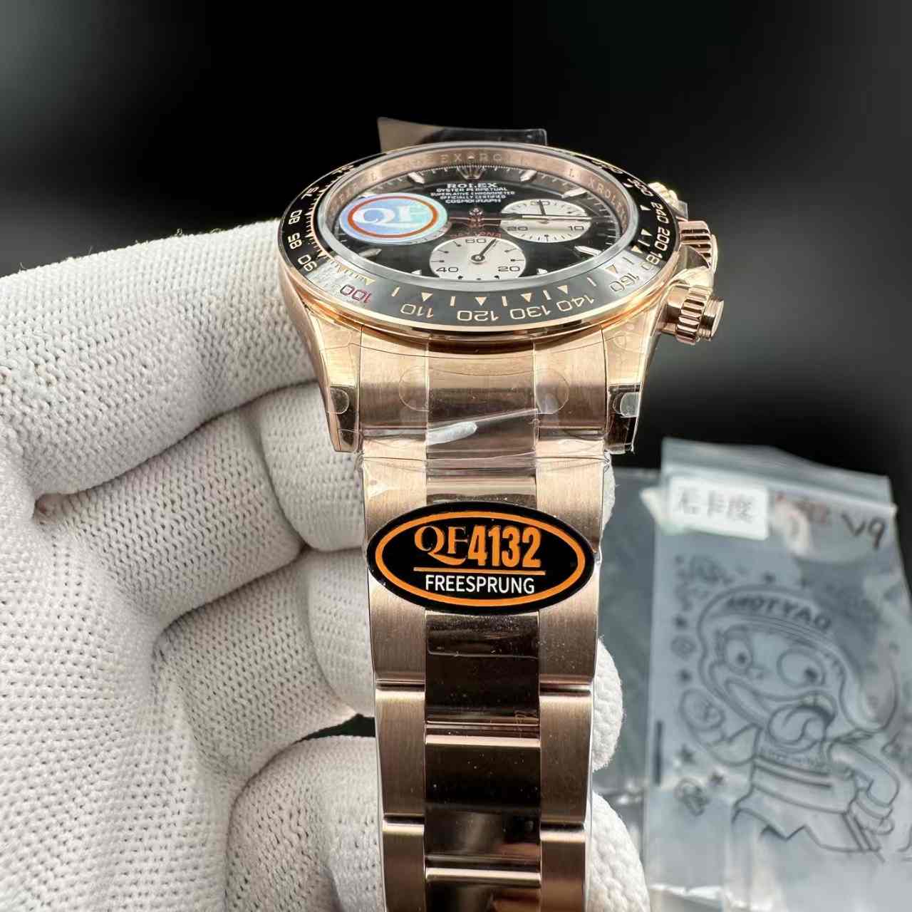 Daytona QF 4132 Free sprung movement rose gold case black bezel black dial oyster band 1000$
