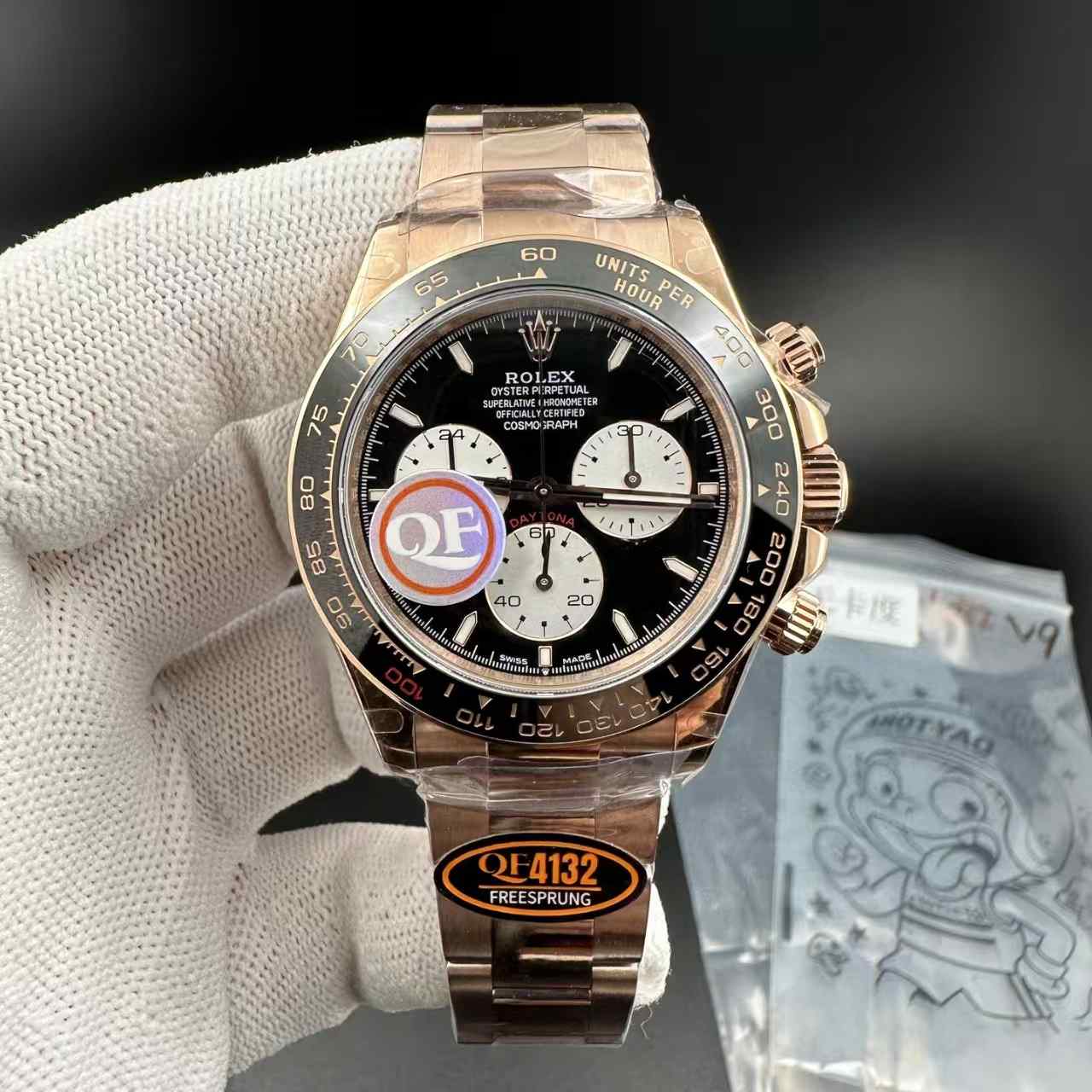 Daytona QF 4132 Free sprung movement rose gold case black bezel black dial oyster band 1000$