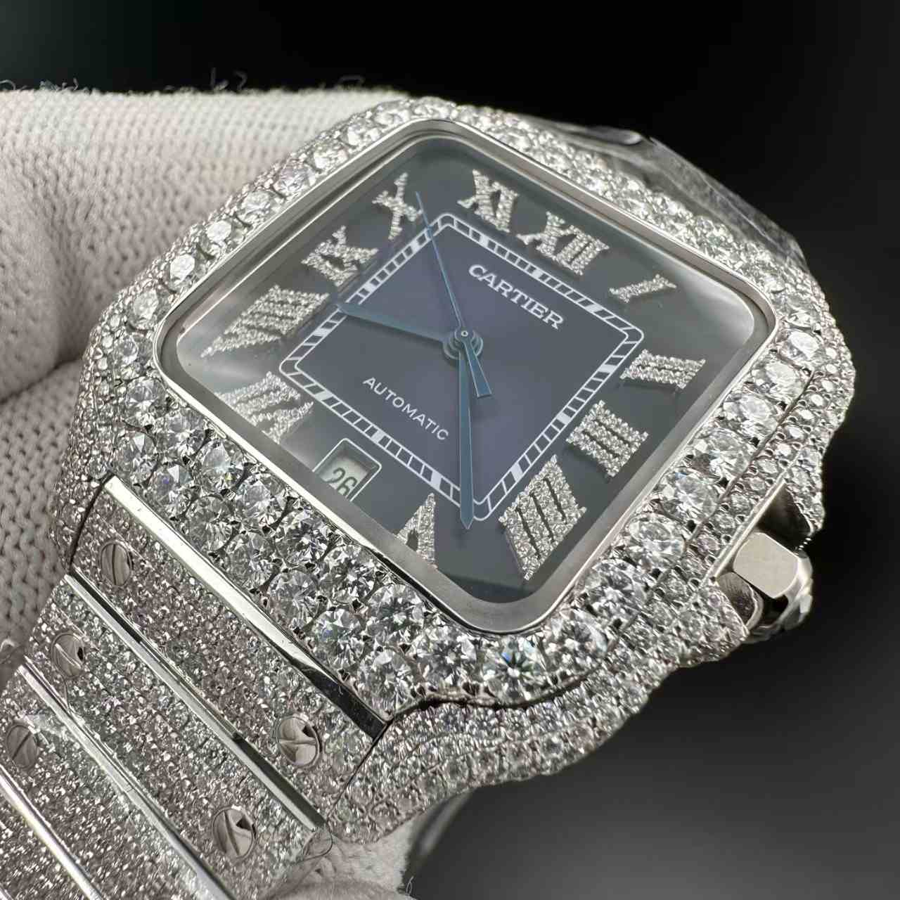 Moissanite diamonds Santos BV factory super clone automatic blue dial 1800$