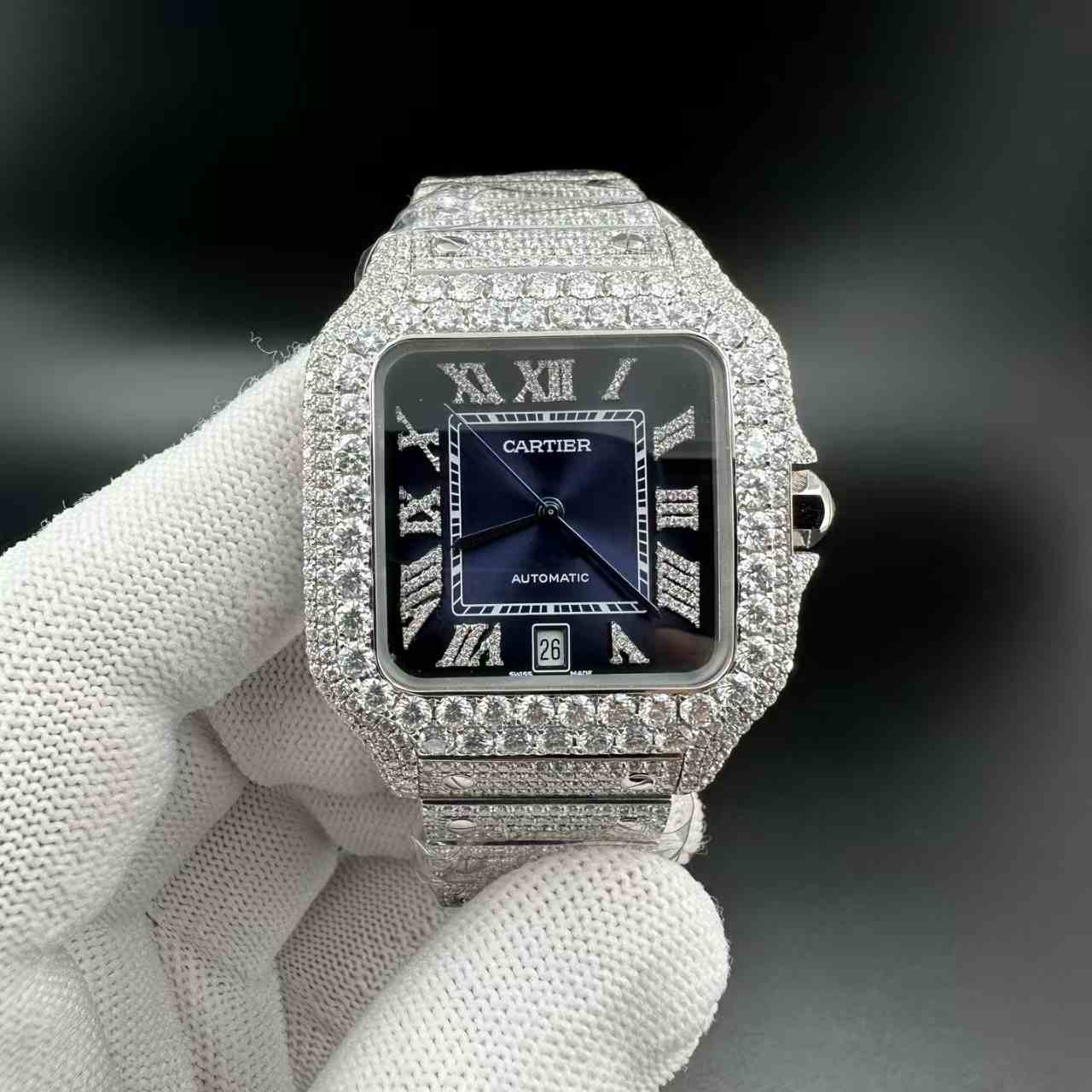 Moissanite diamonds Santos BV factory super clone automatic blue dial 1800$