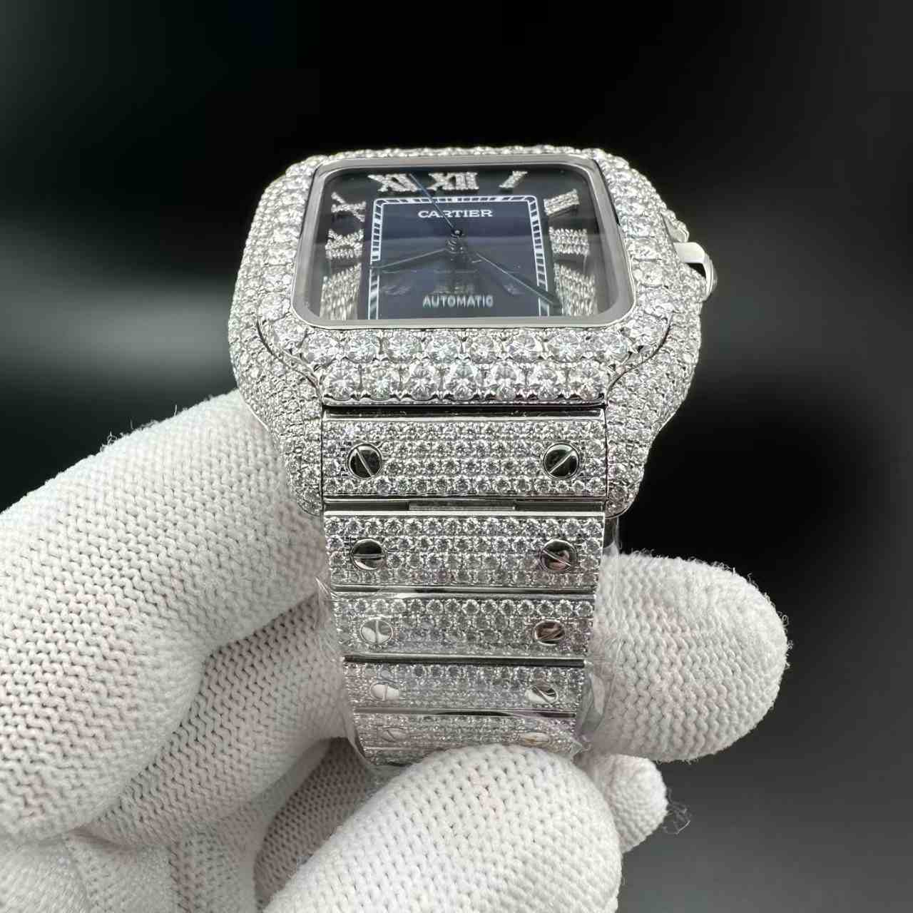 Moissanite diamonds Santos BV factory super clone automatic blue dial 1800$