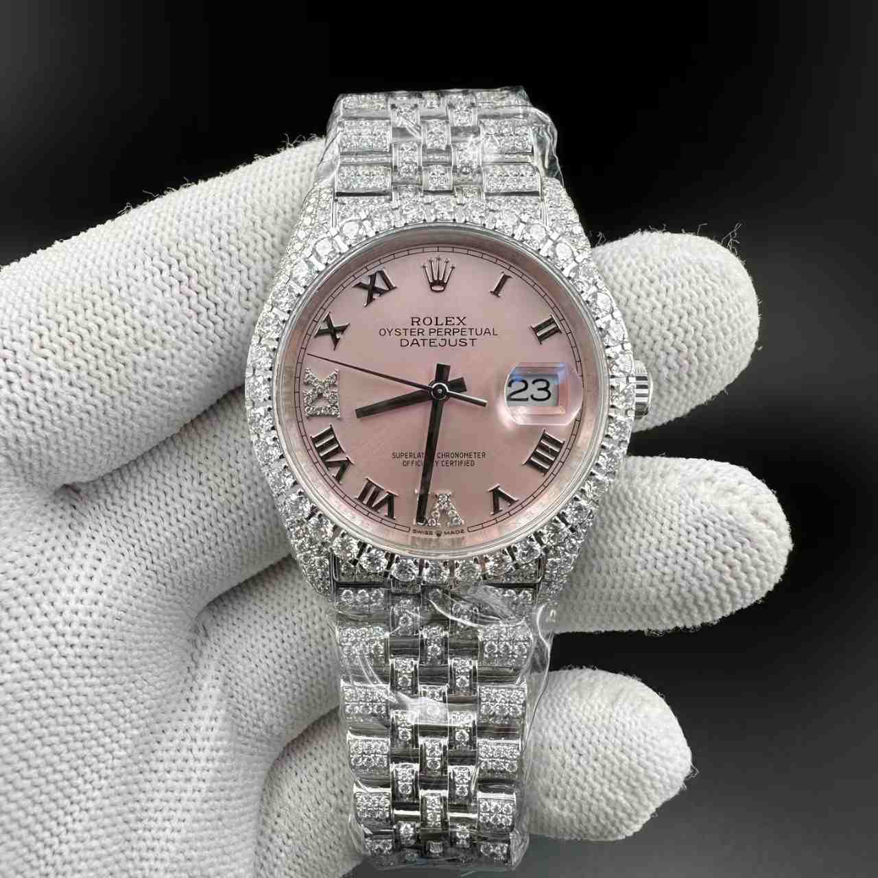 Moissanite diamonds Datejust women 36mm copy clean 3235 automatic Moissanite diamonds case pink dial jubilee band 1500$