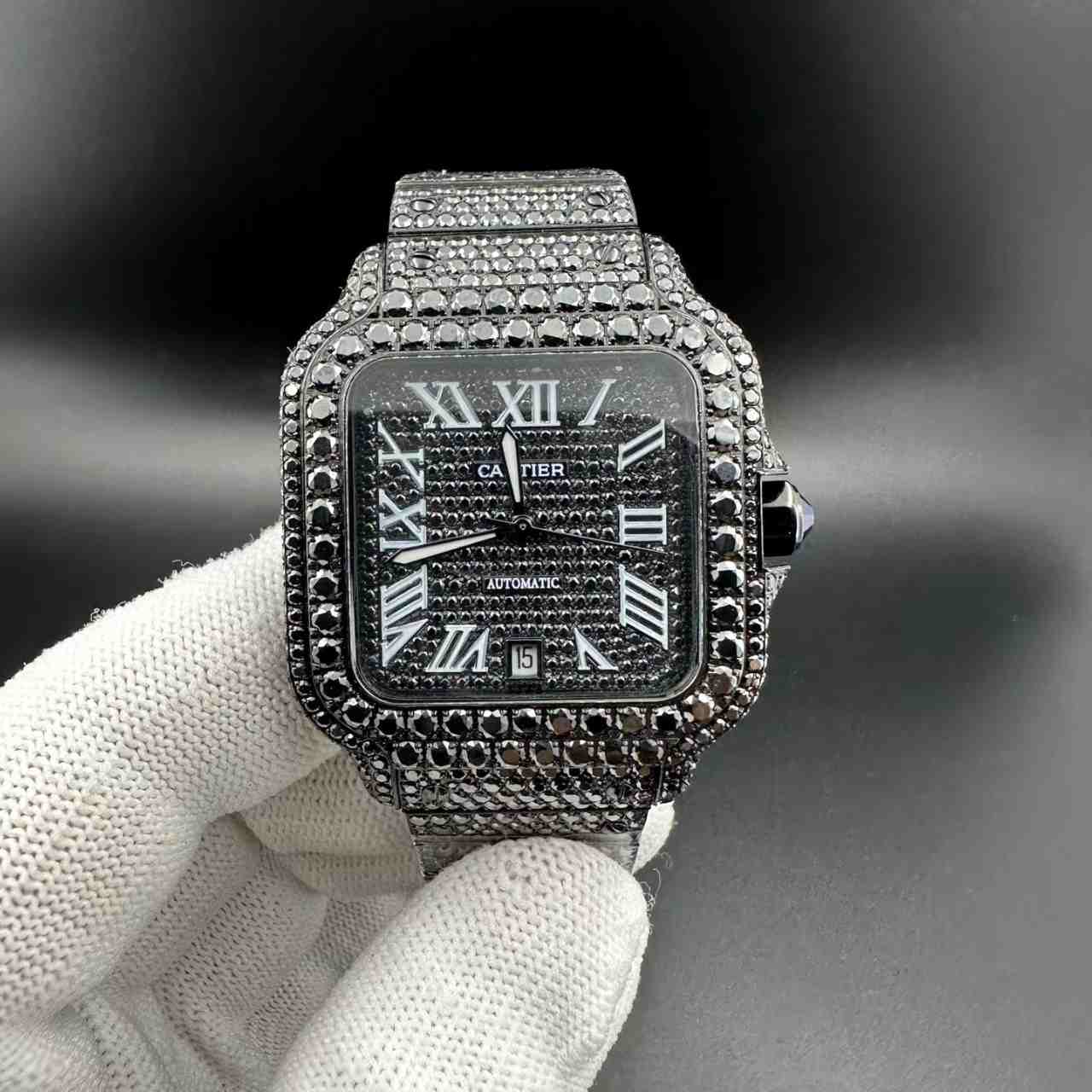 Santos black Moissanite diamonds Roman dial