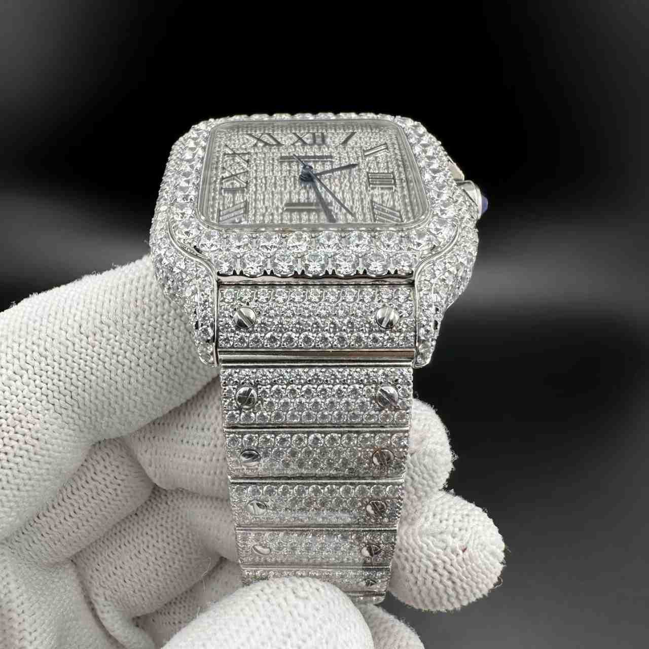 Santos Moissanite bustdown diamonds Roman dial 8215 automatic.