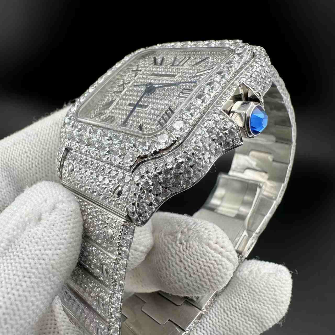 Santos Moissanite bustdown diamonds Roman dial 8215 automatic.
