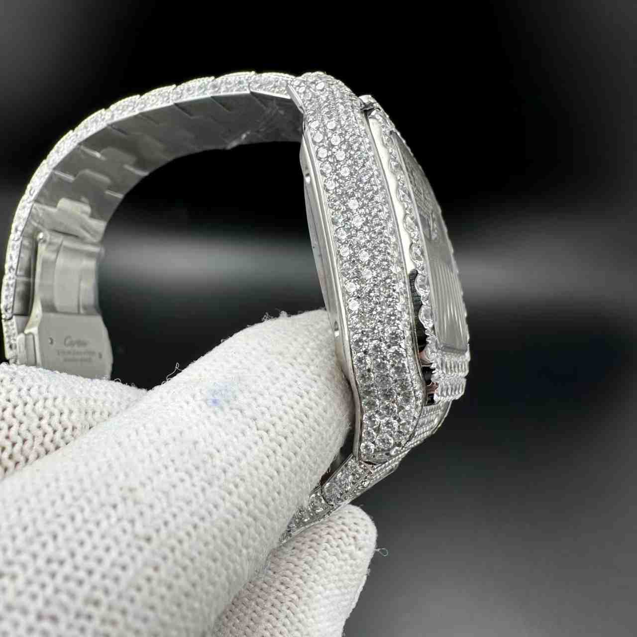 Santos Moissanite bustdown diamonds Roman dial 8215 automatic.