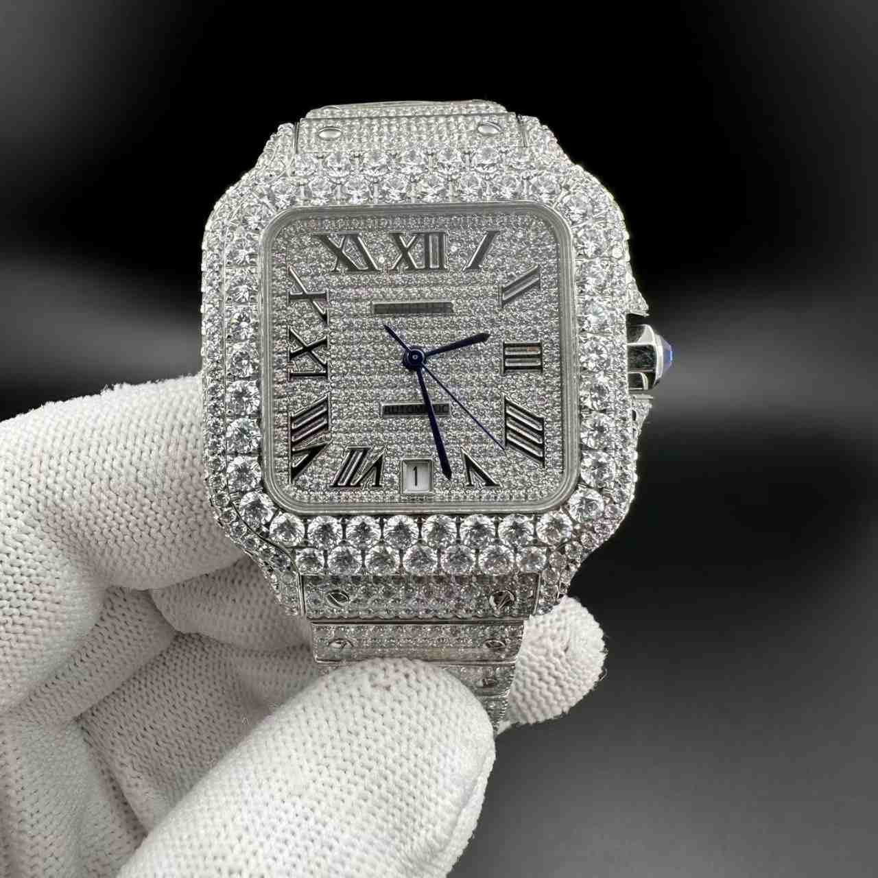 Santos Moissanite bustdown diamonds Roman dial 8215 automatic.
