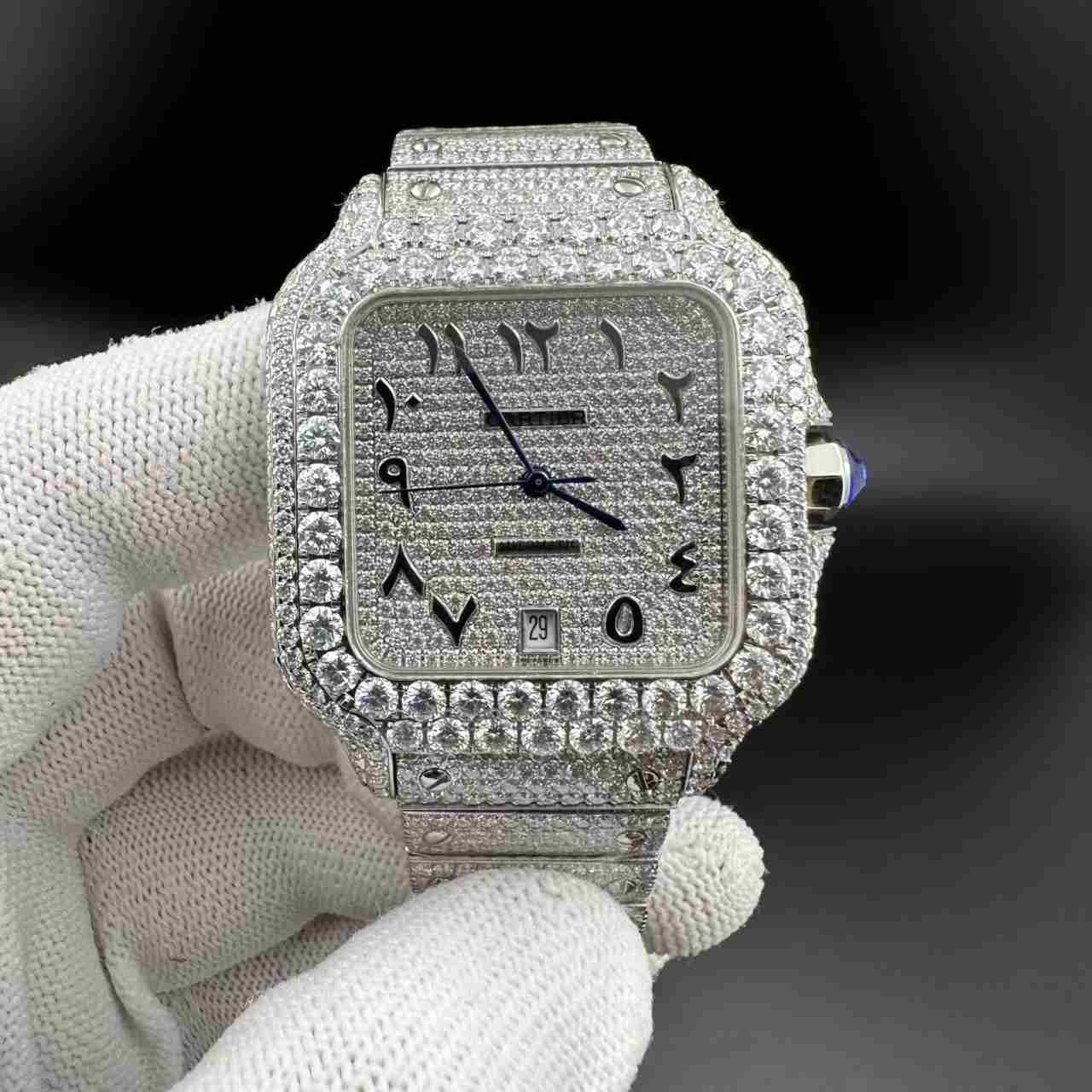 Santos Moissanite bustdown diamonds Arabic dial