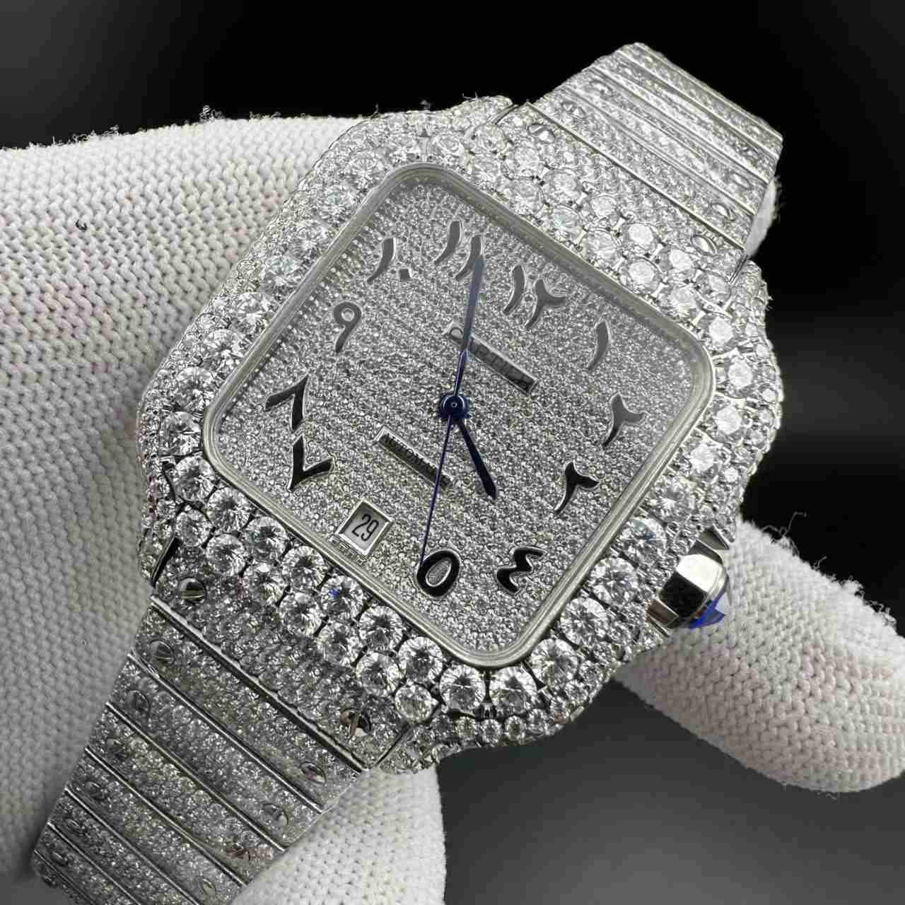 Santos Moissanite bustdown diamonds Arabic dial
