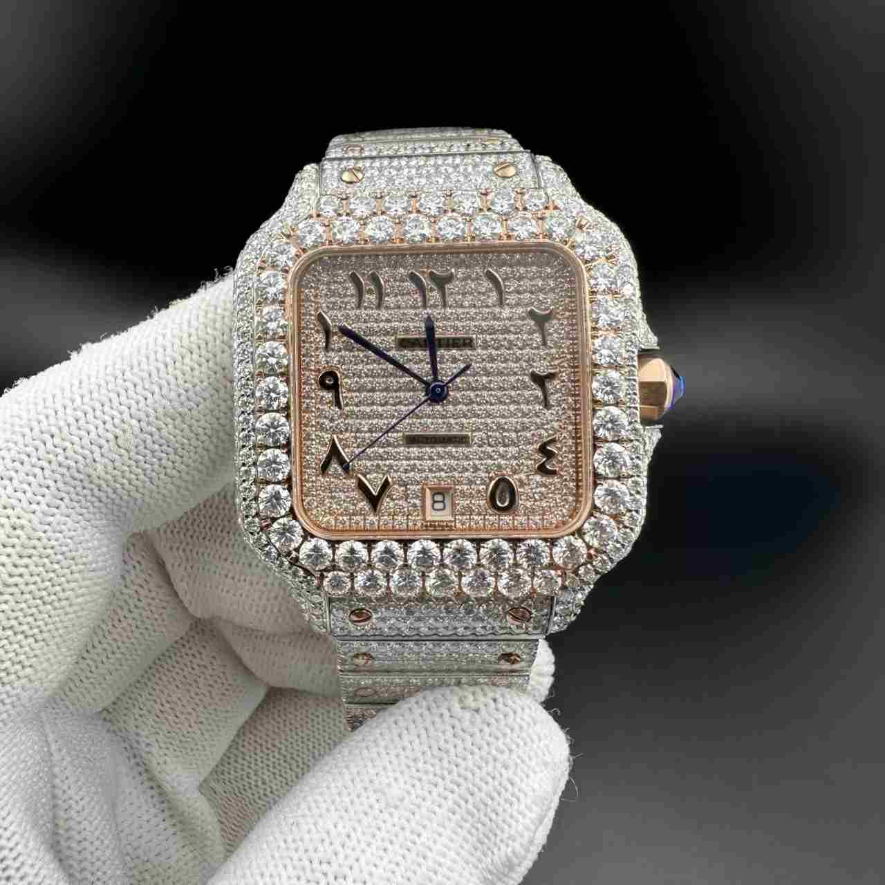 Santos moissanite bustdown diamonds 2tone rose gold case Arabic rose gold dial