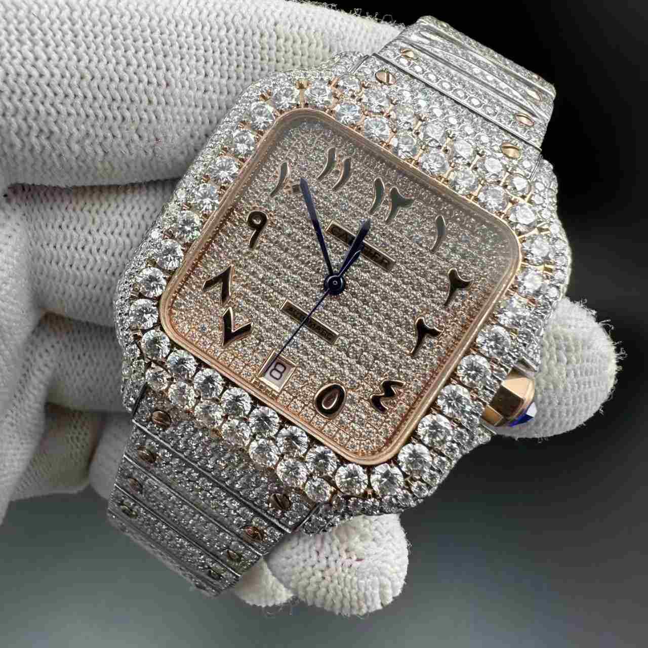 Santos moissanite bustdown diamonds 2tone rose gold case Arabic rose gold dial